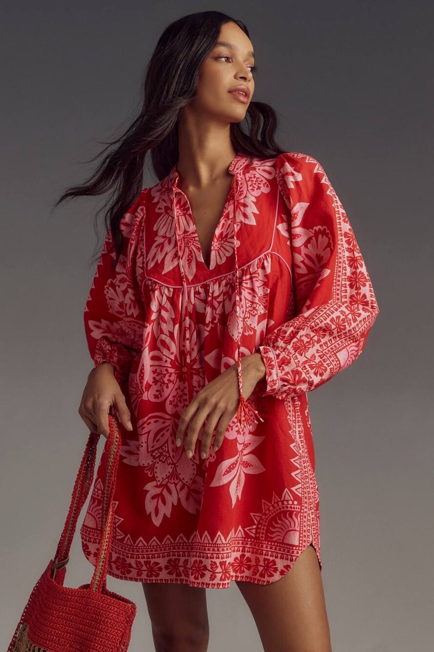 Farm Rio Flora Tapestry Long-Sleeve Mini Dress